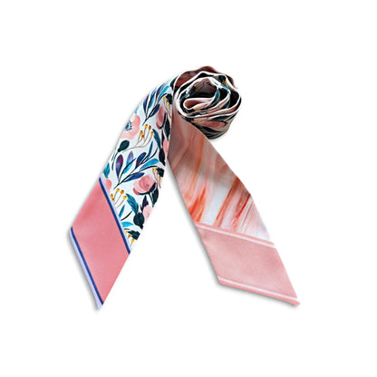 Double-sided personalized skinny scarf with graceful floral illustration and soft marbled pink design.
