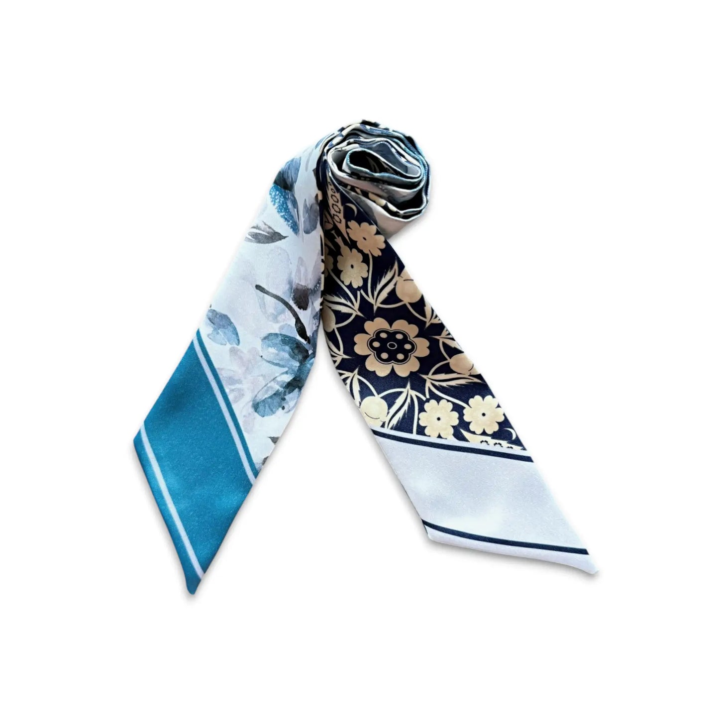 Handmade satin skinny scarf with baroque-inspired floral pattern and delicate botanical illustration in a sophisticated blue palette.