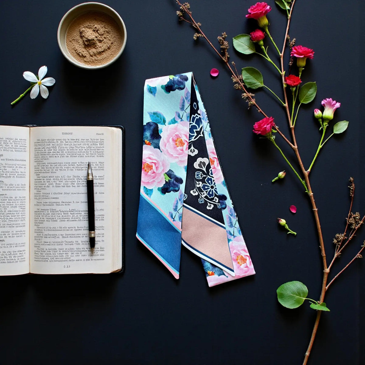 Navy and aqua twilly scarf combining watercolour blooms with stylised floral motifs