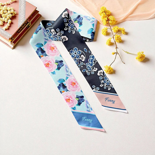 Watercolour floral twilly scarf with pink flowers and contrasting navy ornamental pattern