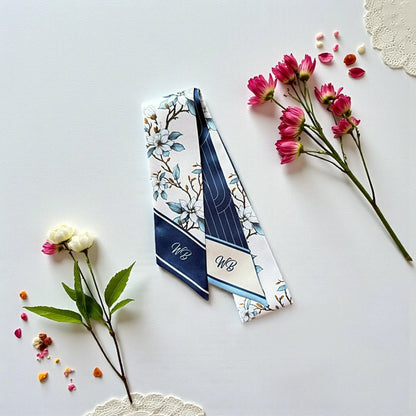 Custom floral skinny handbag scarf with blue magnolia pattern and monogram, perfect for purse handles and luxury accessories.