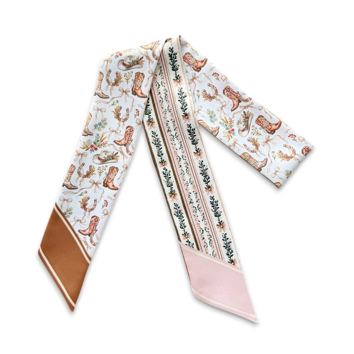 Rustic chic pink floral twilly scarf with vintage cowgirl pattern for handbag styling
