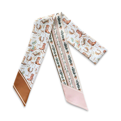 Rustic chic pink floral twilly scarf with vintage cowgirl pattern for handbag styling