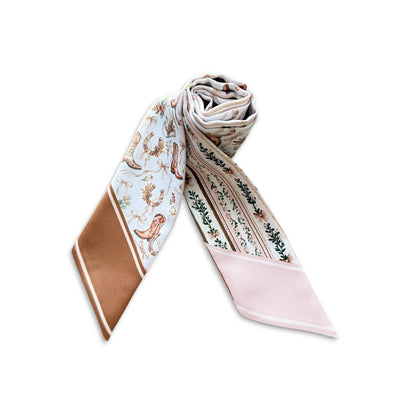 Handmade western floral skinny scarf with cowgirl boots pattern in soft pastel tones