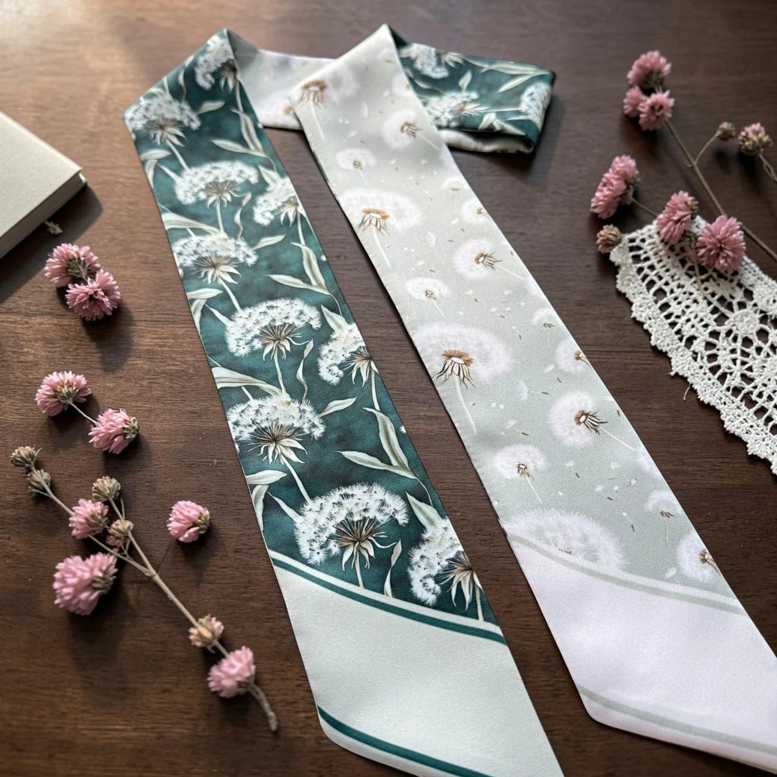 Elegant dandelion twilly scarf in sage green and light green floral design