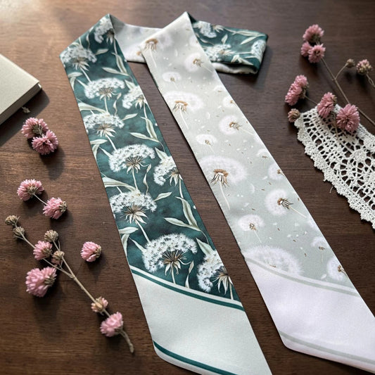 Elegant dandelion twilly scarf in sage green and light green floral design