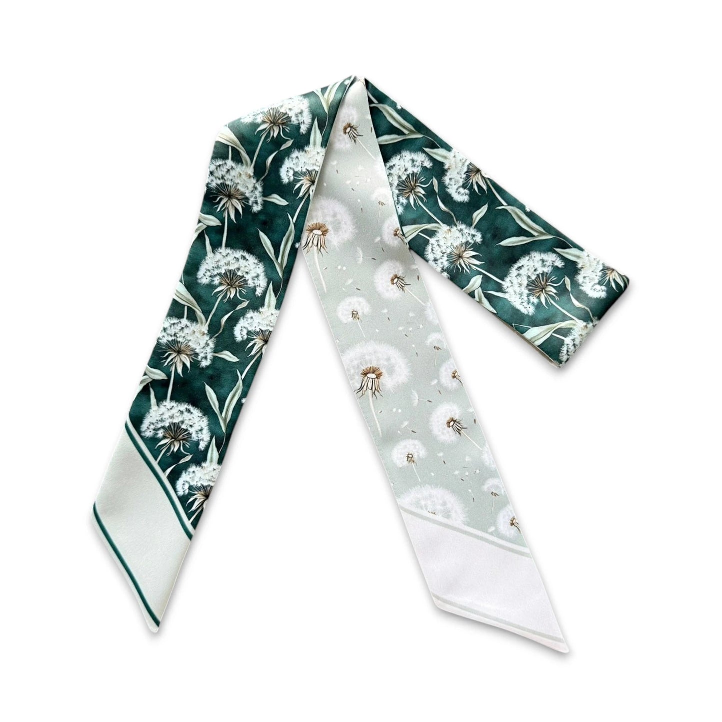 Feminine floral twilly scarf with white dandelion pattern and soft green accents