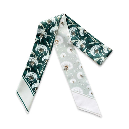 Feminine floral twilly scarf with white dandelion pattern and soft green accents
