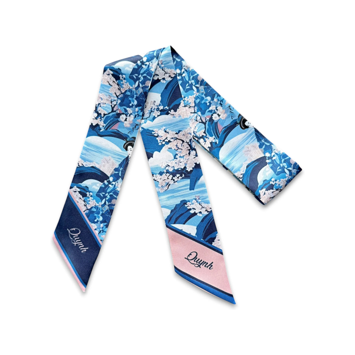 Personalized blue skinny scarf with delicate pink cherry blossoms, navy accents, and artistic wave motifs, designed for decorating handbags.
