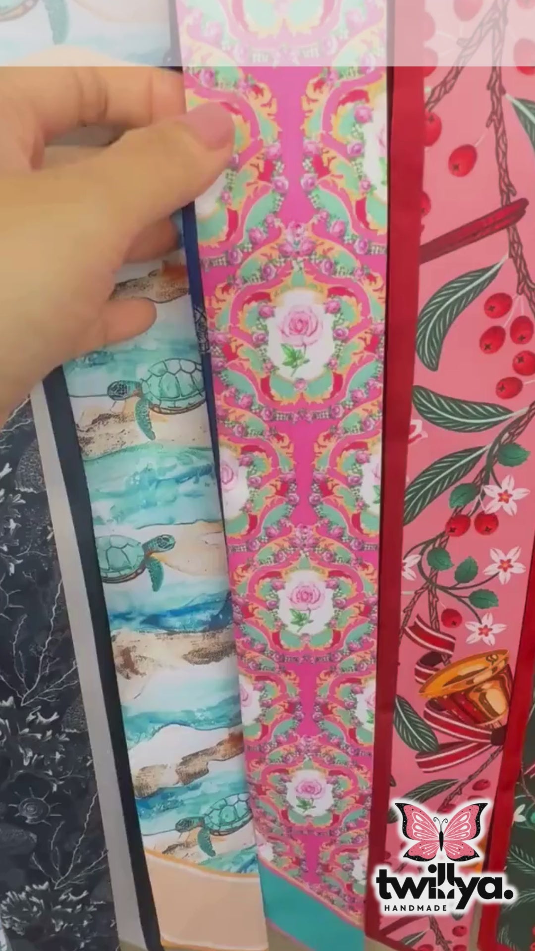 Video showing Antoinette twilly scarf with vintage ornamental floral pattern in multicolor design