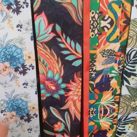 Video showing Annika twilly scarf with bold tropical floral pattern in multicolor design