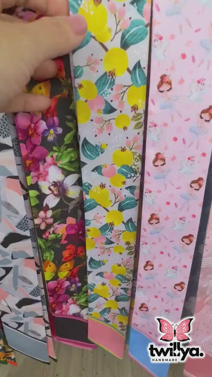 Custom name skinny scarf video featuring pastel floral fruit print and silk twilly styling