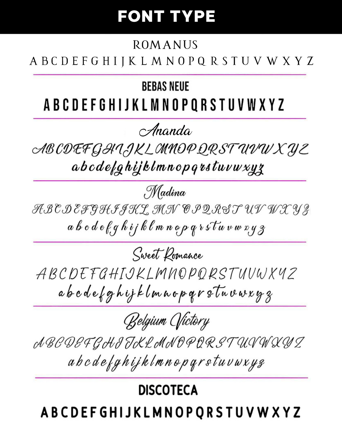 Font options for personalized twilly scarf, including serif, sans-serif, and script styles for custom name design