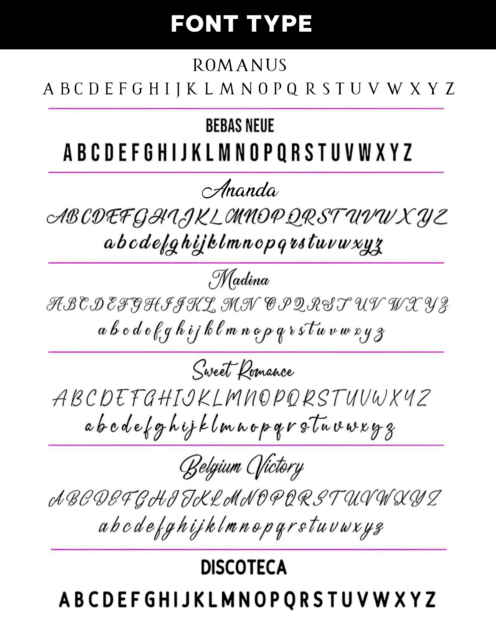 Font options for personalized twilly scarf, including serif, sans-serif, and script styles for custom name design