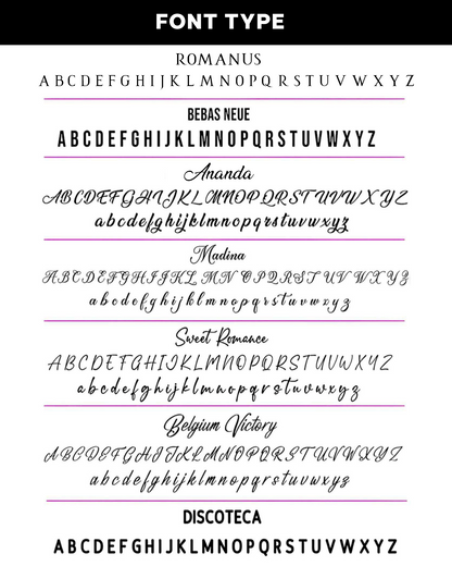 Font options for personalized twilly scarf, including serif, sans-serif, and script styles for custom name design