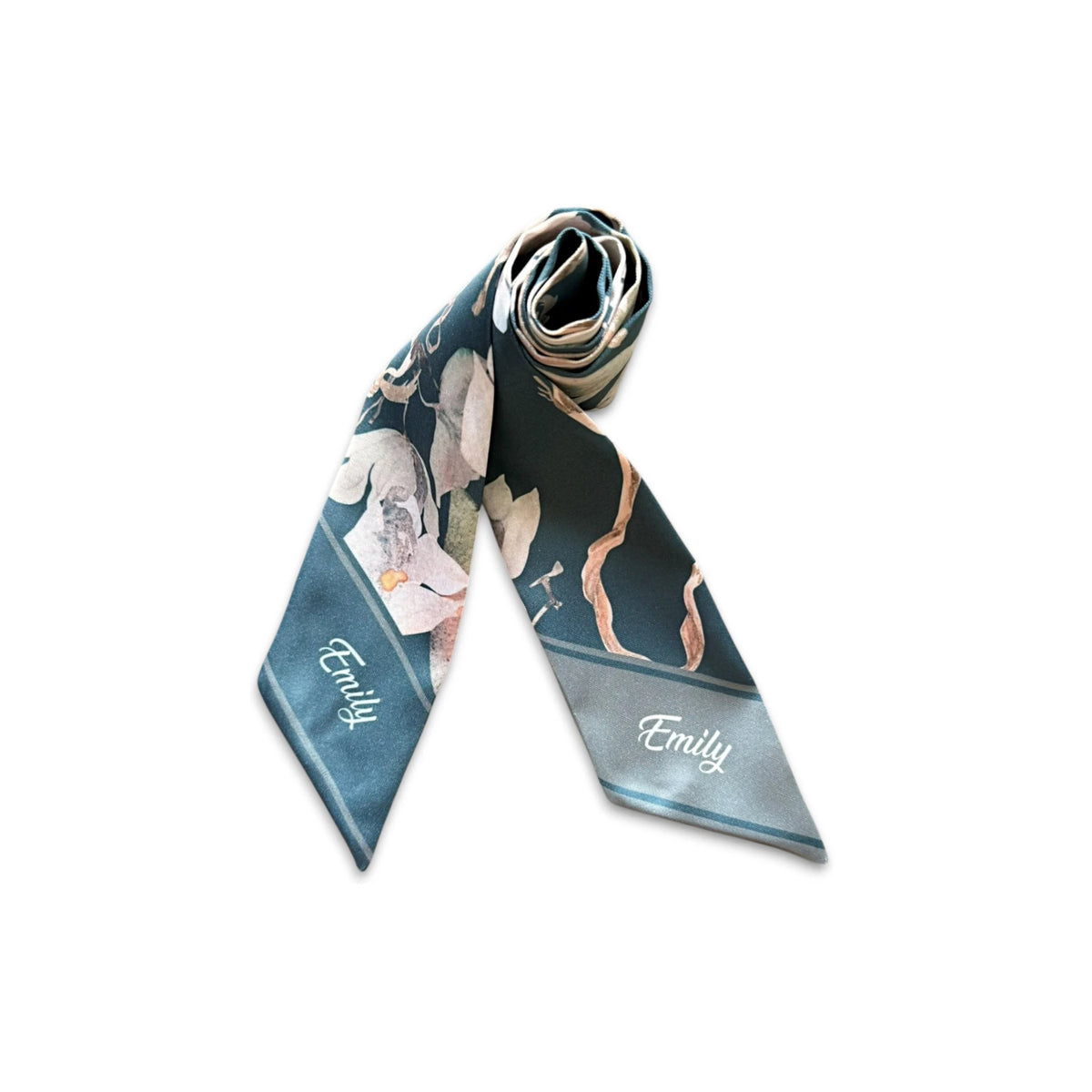 Vintage-inspired skinny scarf featuring watercolor botanical artwork with ivory blossoms, soft green leaves, and winding branches on a dark teal background.